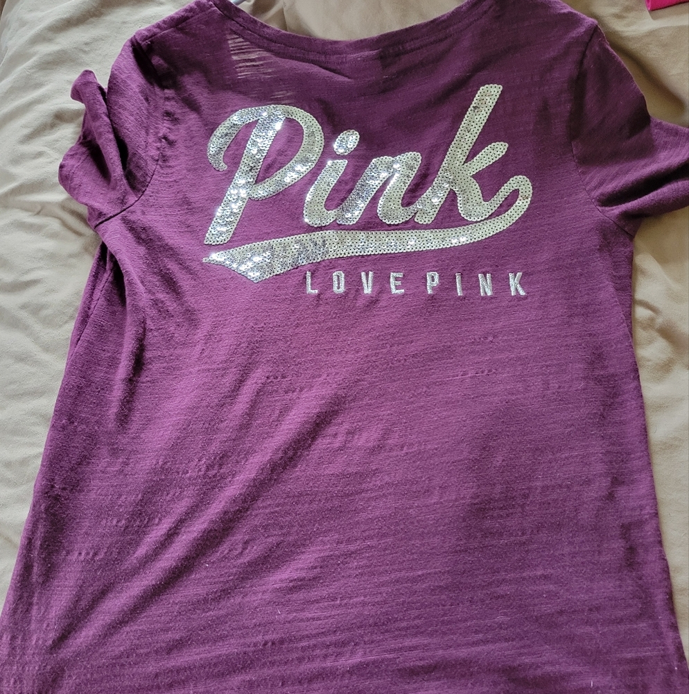 PINK Victoria's Secret Purple and Silver Short Sleeve Tee